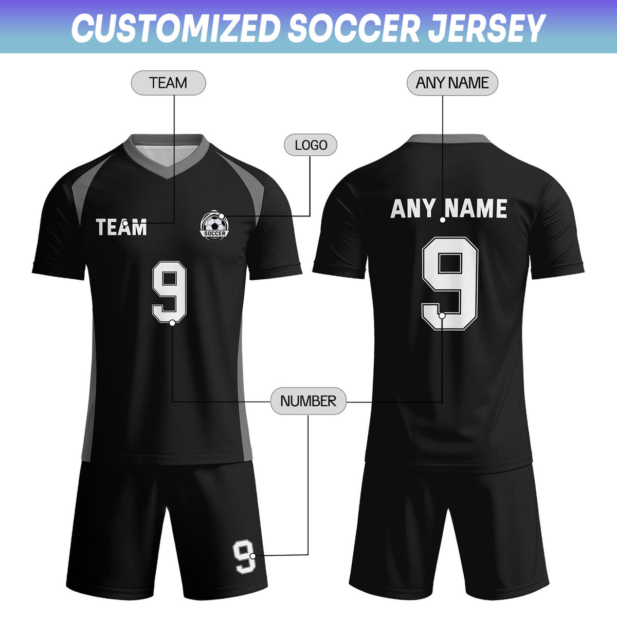 Custom Black & Grey-White Soccer Uniform Set - Personalized Team Name & Number | Vosoli