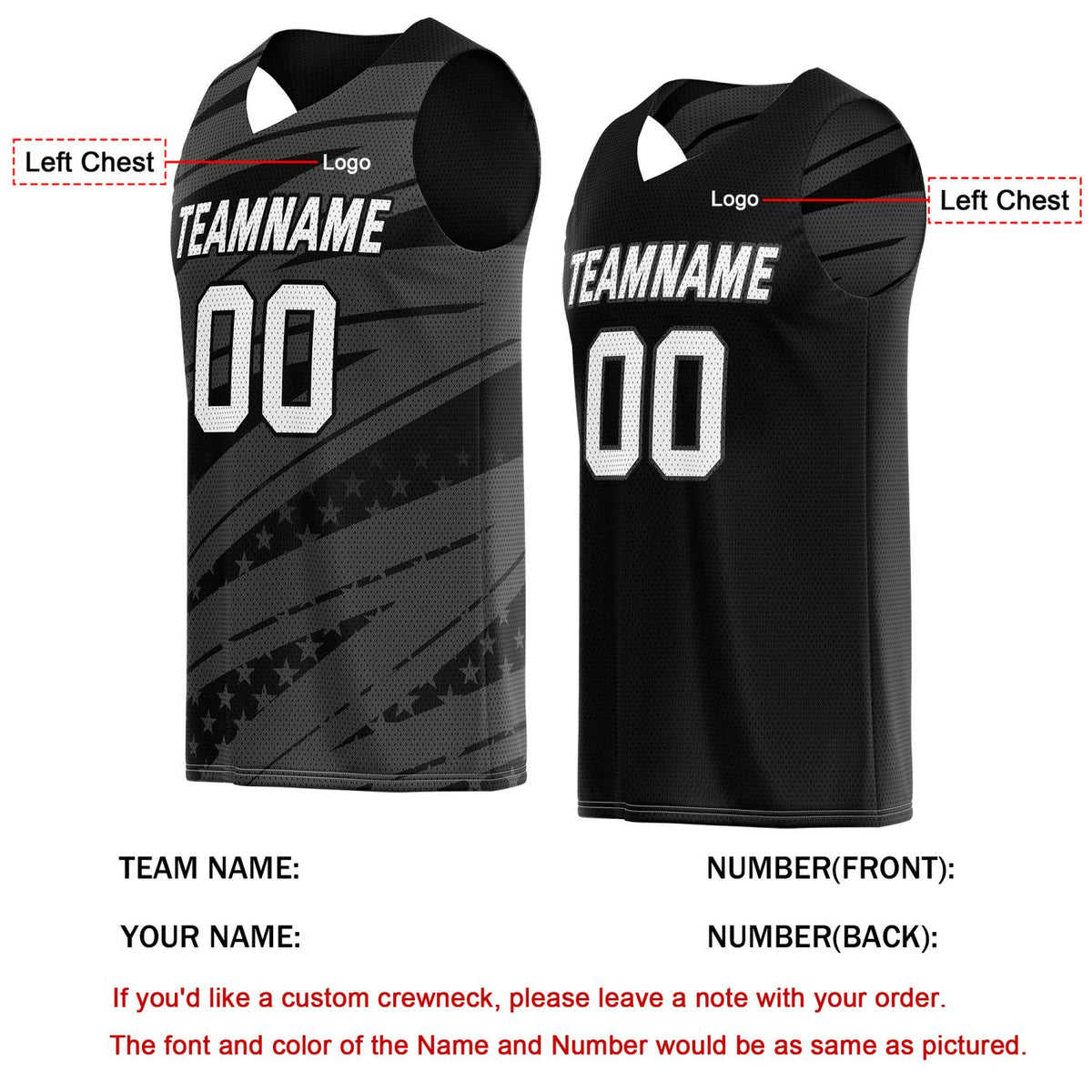 Custom Reversible Basketball Jersey for Individuals & Teams – Black Grey White Star Stripe | Vosoli