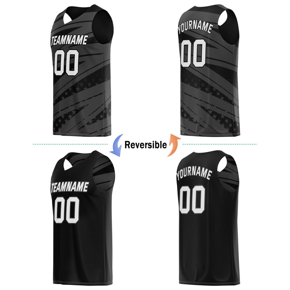 Custom Reversible Basketball Jersey for Individuals & Teams – Black Grey White Star Stripe | Vosoli