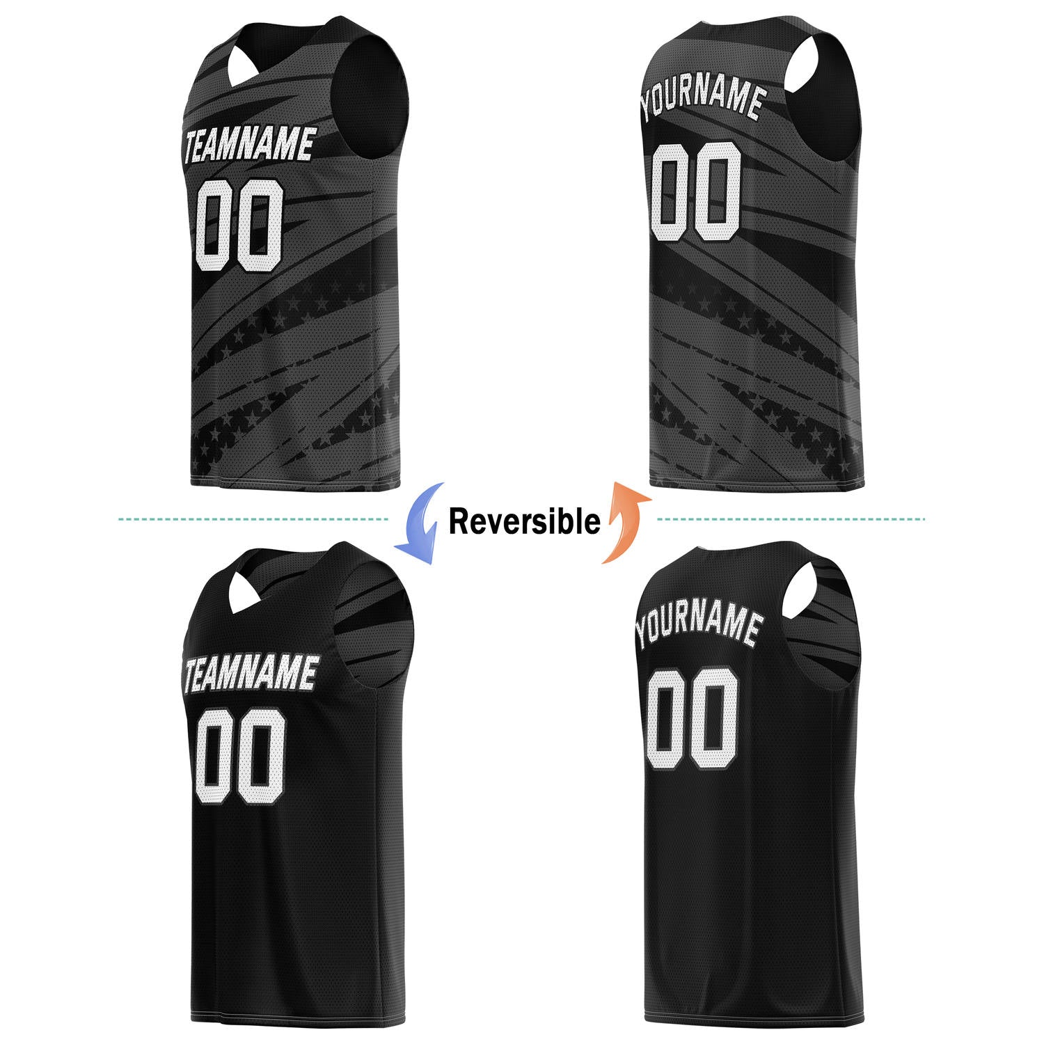 Custom Reversible Basketball Jersey for Individuals & Teams – Black Grey White Star Stripe | Vosoli
