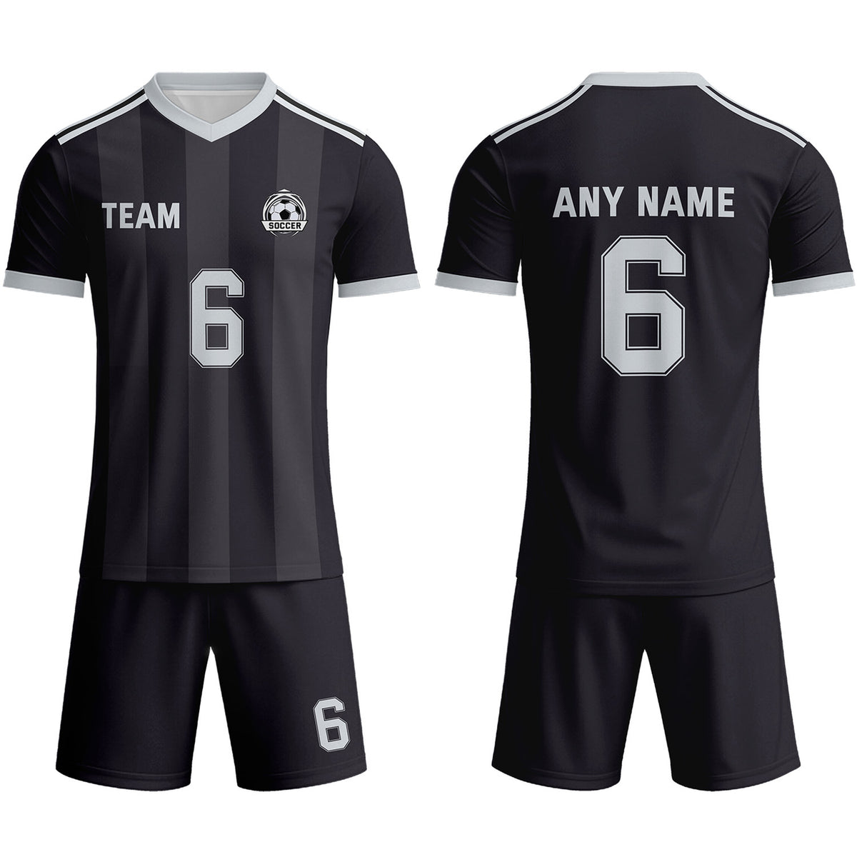 Custom Black &amp; Grey-White Striped Soccer Uniform Set for Teams &amp; Individuals | Vosoli