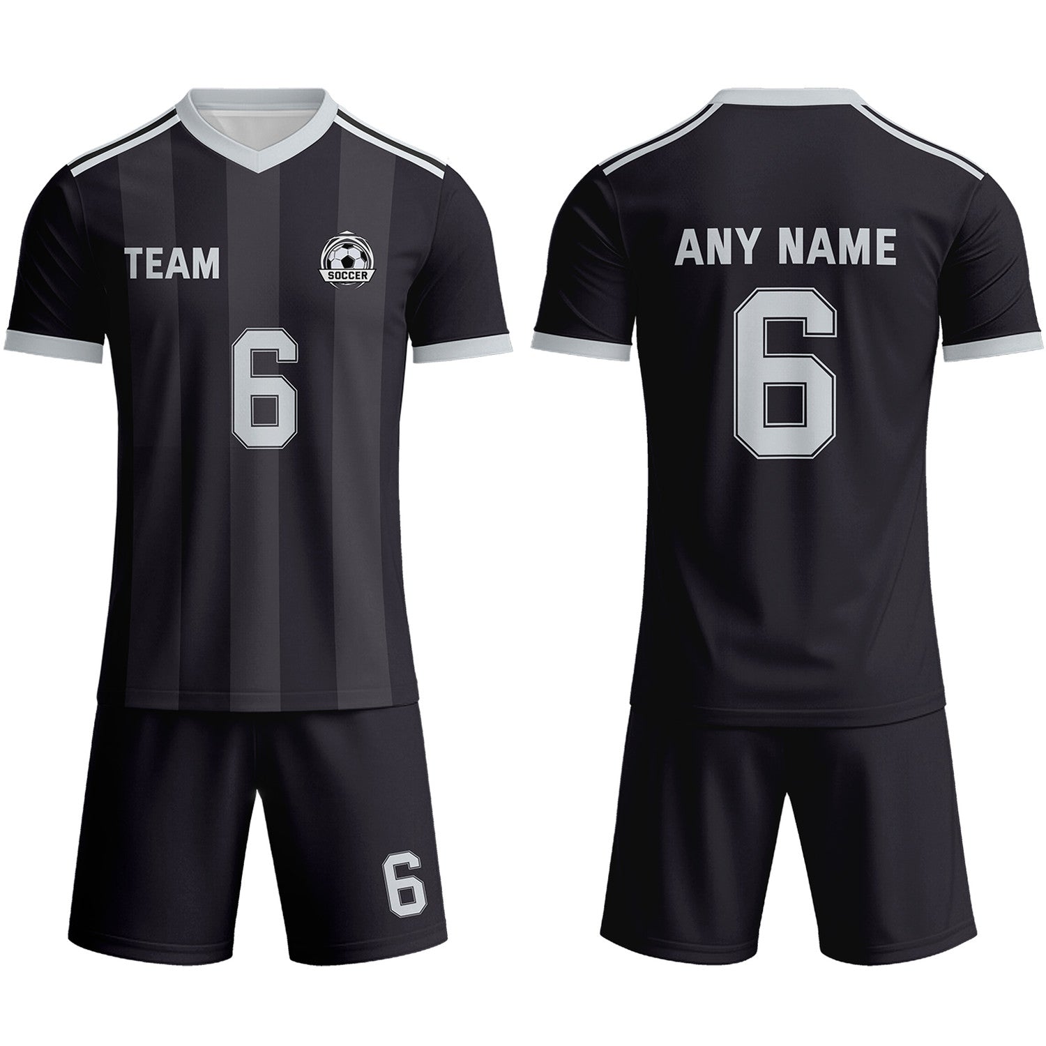 Custom Black & Grey-White Striped Soccer Uniform Set for Teams & Individuals | Vosoli