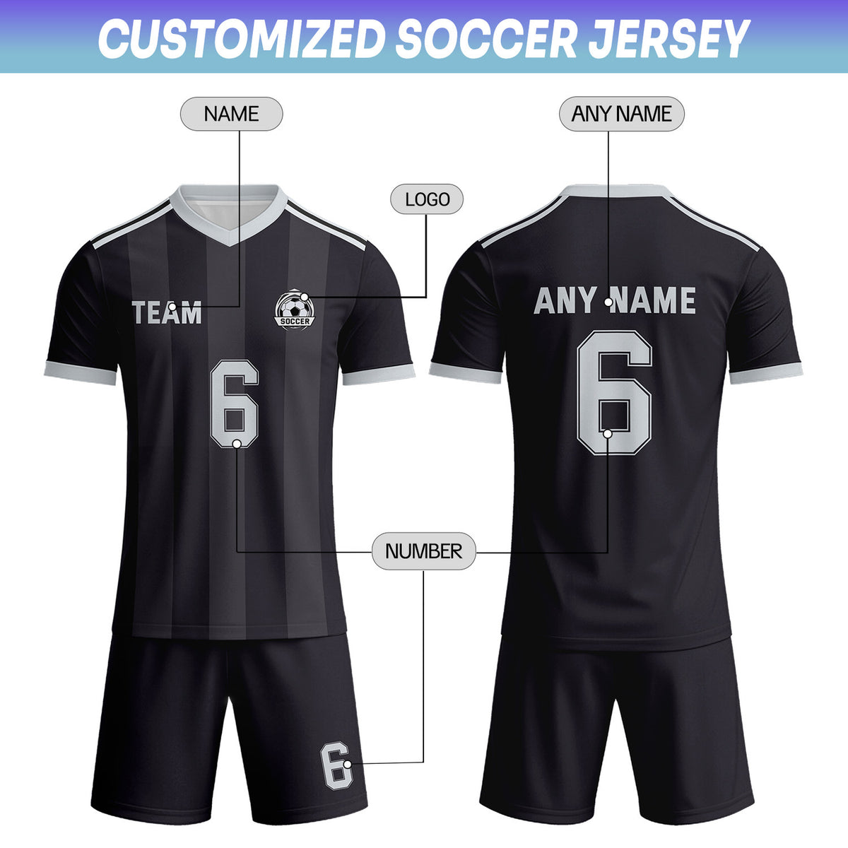 Custom Black & Grey-White Striped Soccer Uniform Set for Teams & Individuals | Vosoli