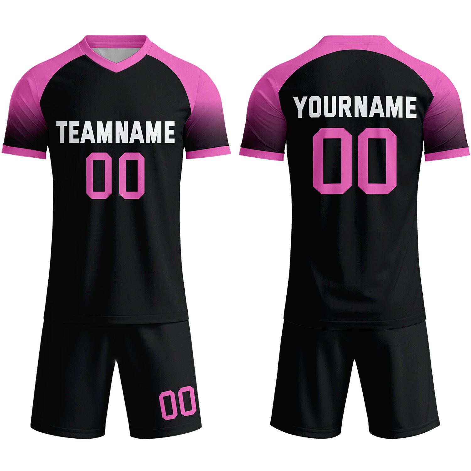 Custom Black & Neon Pink Raglan Sleeve Soccer Uniform Set for Teams & Individuals | Vosoli