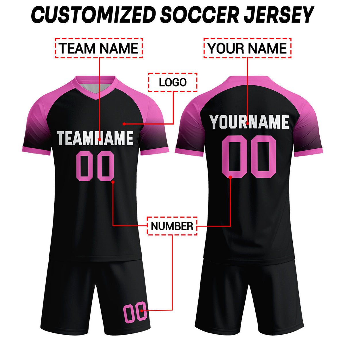 Custom Black & Neon Pink Raglan Sleeve Soccer Uniform Set for Teams & Individuals | Vosoli