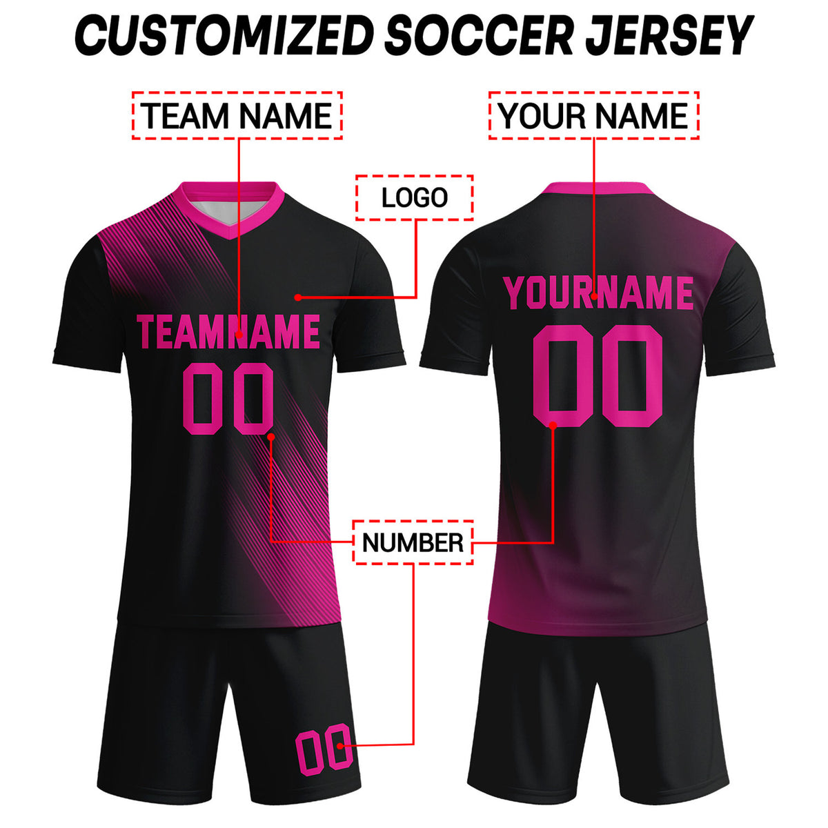 Custom Black & Neon Pink Stripe Soccer Uniform Set for Teams & Individuals | Vosoli