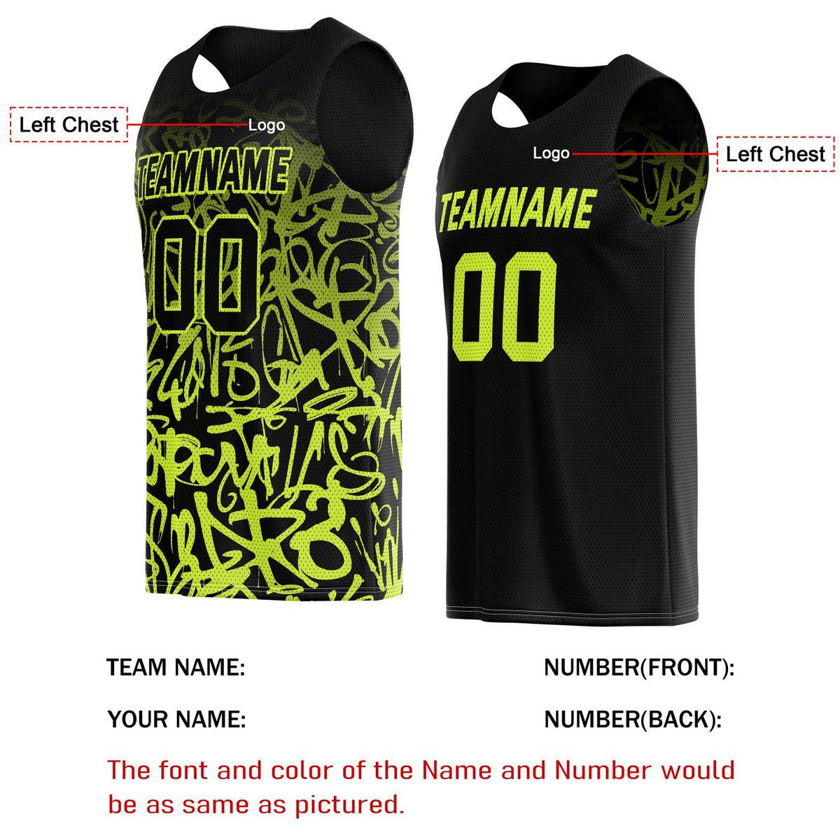Custom Reversible Basketball Jersey for Individuals & Teams – Black & Neon Yellow Graffiti | Vosoli