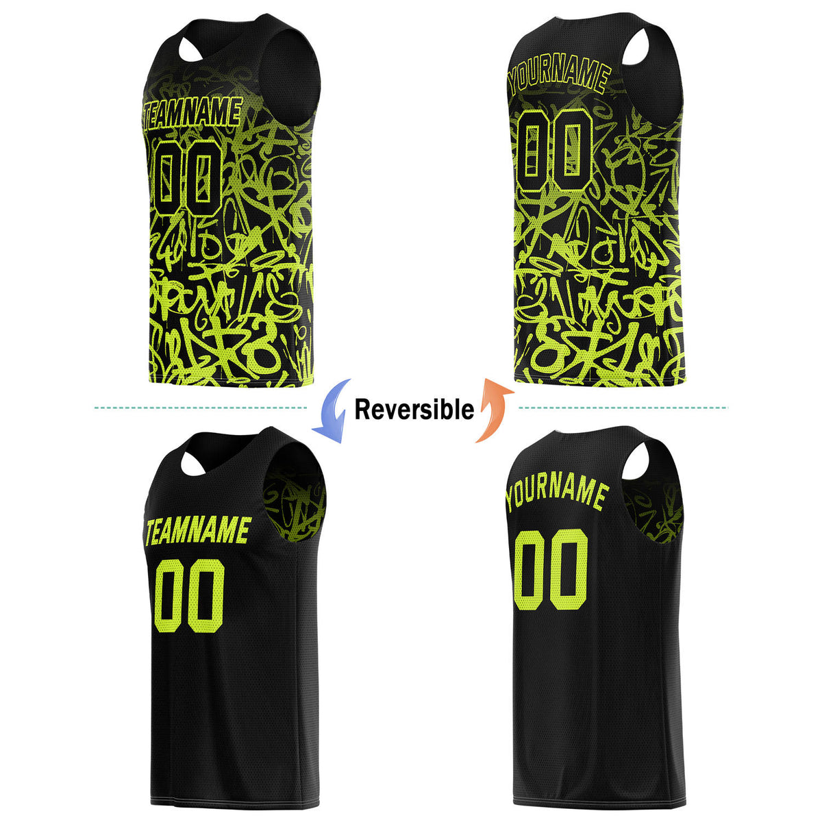 Custom Reversible Basketball Jersey for Individuals & Teams – Black & Neon Yellow Graffiti | Vosoli
