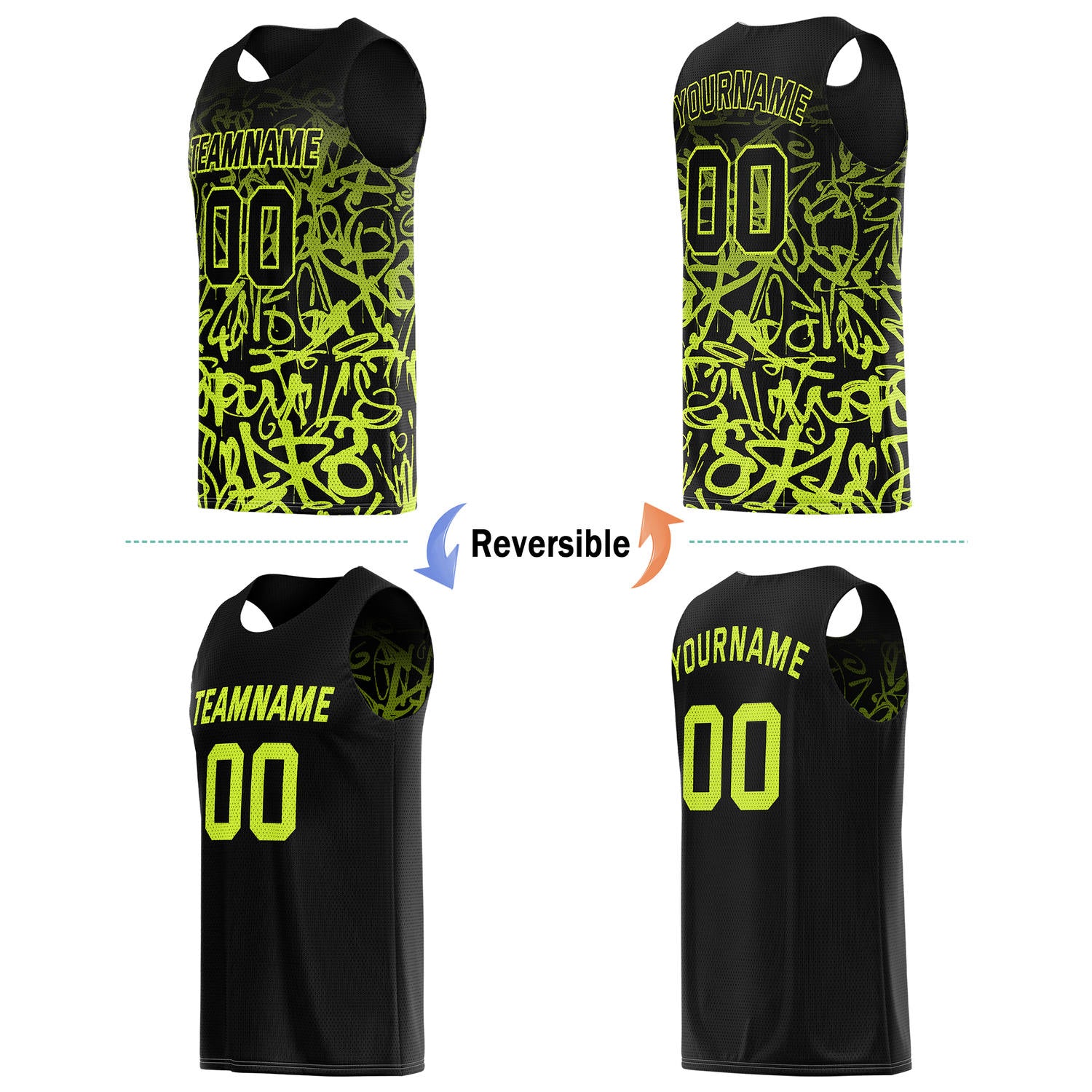 Custom Reversible Basketball Jersey for Individuals & Teams – Black & Neon Yellow Graffiti | Vosoli