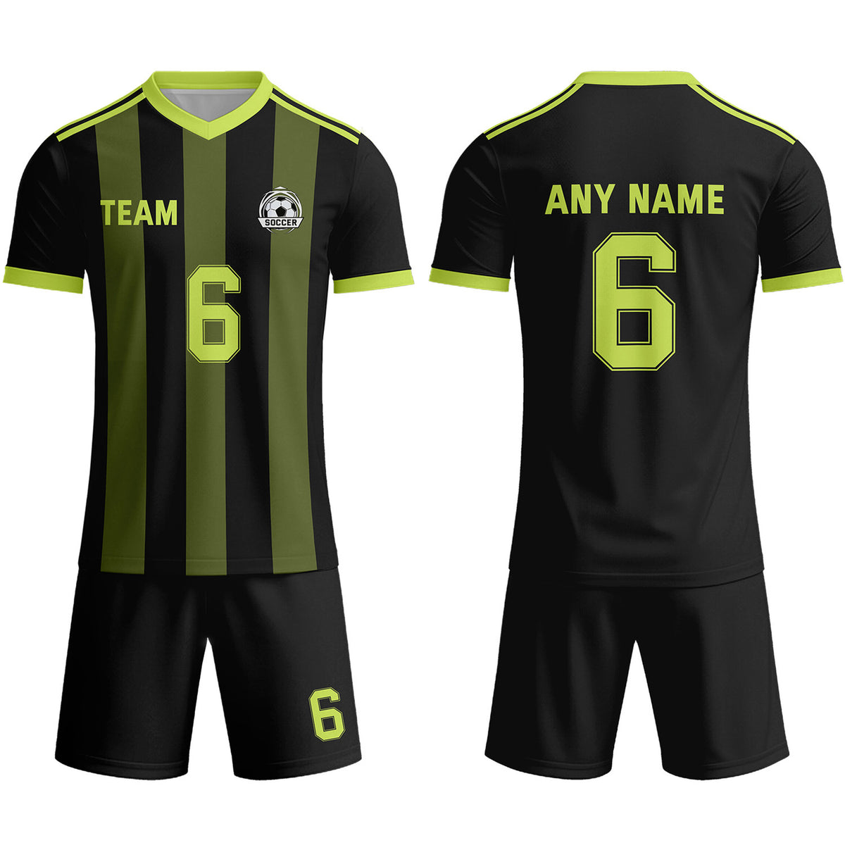 Custom Black &amp; Olive Green-Neon Yellow Striped Soccer Uniform Set for Teams &amp; Individuals | Vosoli