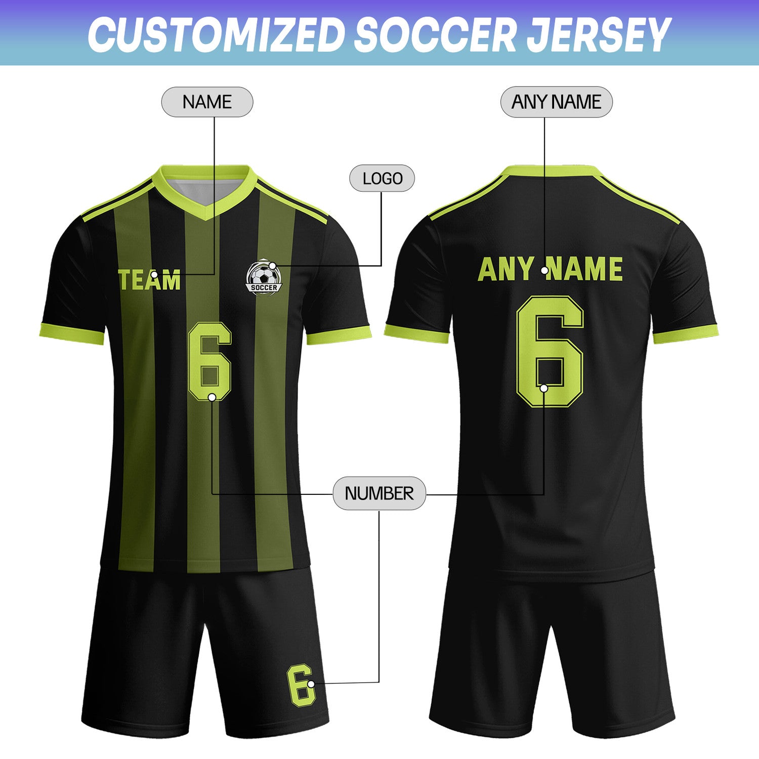 Custom Black & Olive Green-Neon Yellow Striped Soccer Uniform Set for Teams & Individuals | Vosoli
