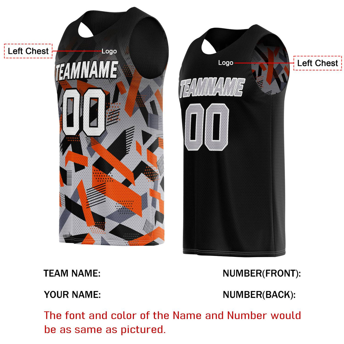 Custom Reversible Basketball Jersey for Individuals & Teams – Black Orange Grey Abstract Geo | Vosoli
