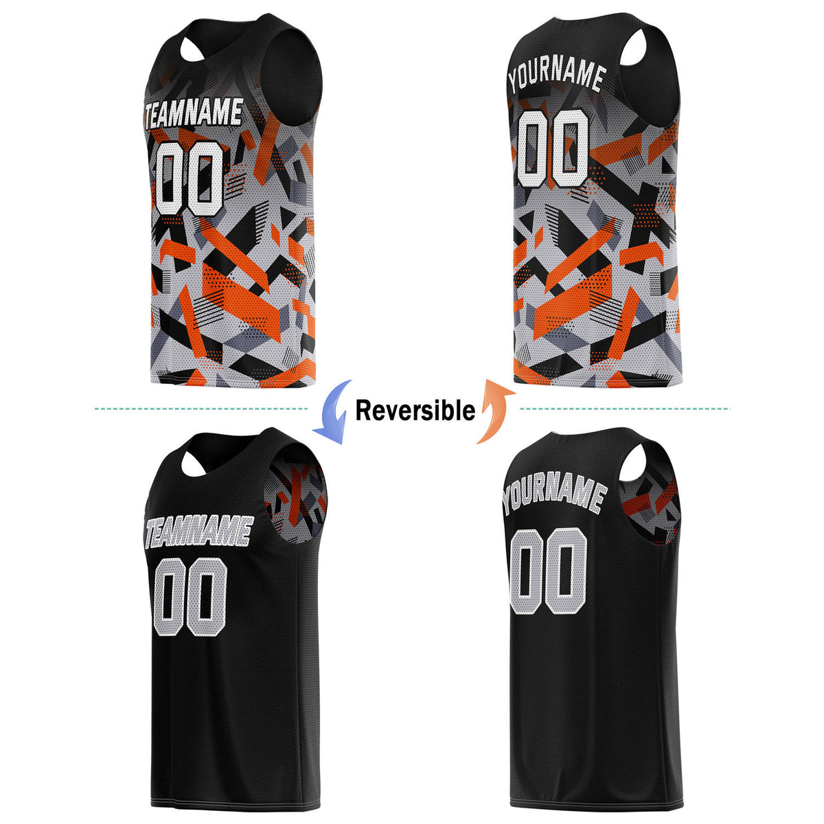 Custom Reversible Basketball Jersey for Individuals & Teams – Black Orange Grey Abstract Geo | Vosoli