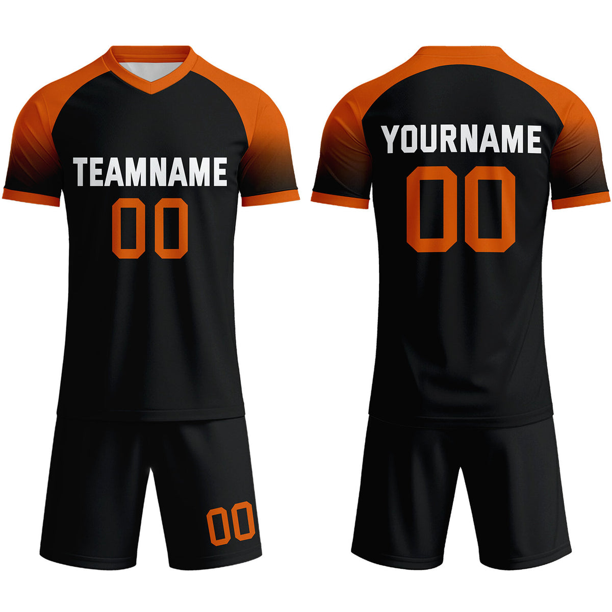 Custom Black &amp; Orange Raglan Sleeve Soccer Uniform Set for Teams &amp; Individuals | Vosoli