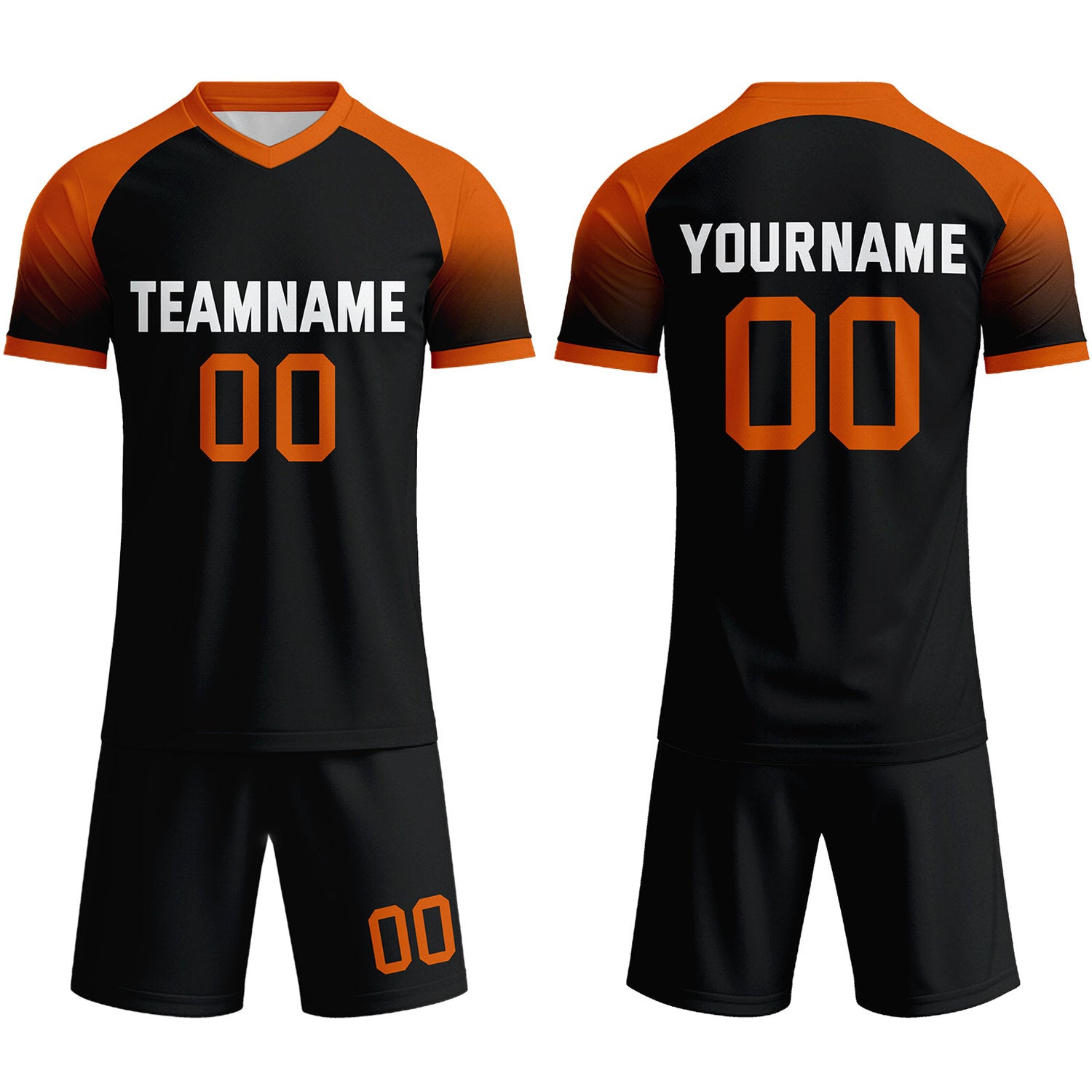 Custom Black & Orange Raglan Sleeve Soccer Uniform Set for Teams & Individuals | Vosoli