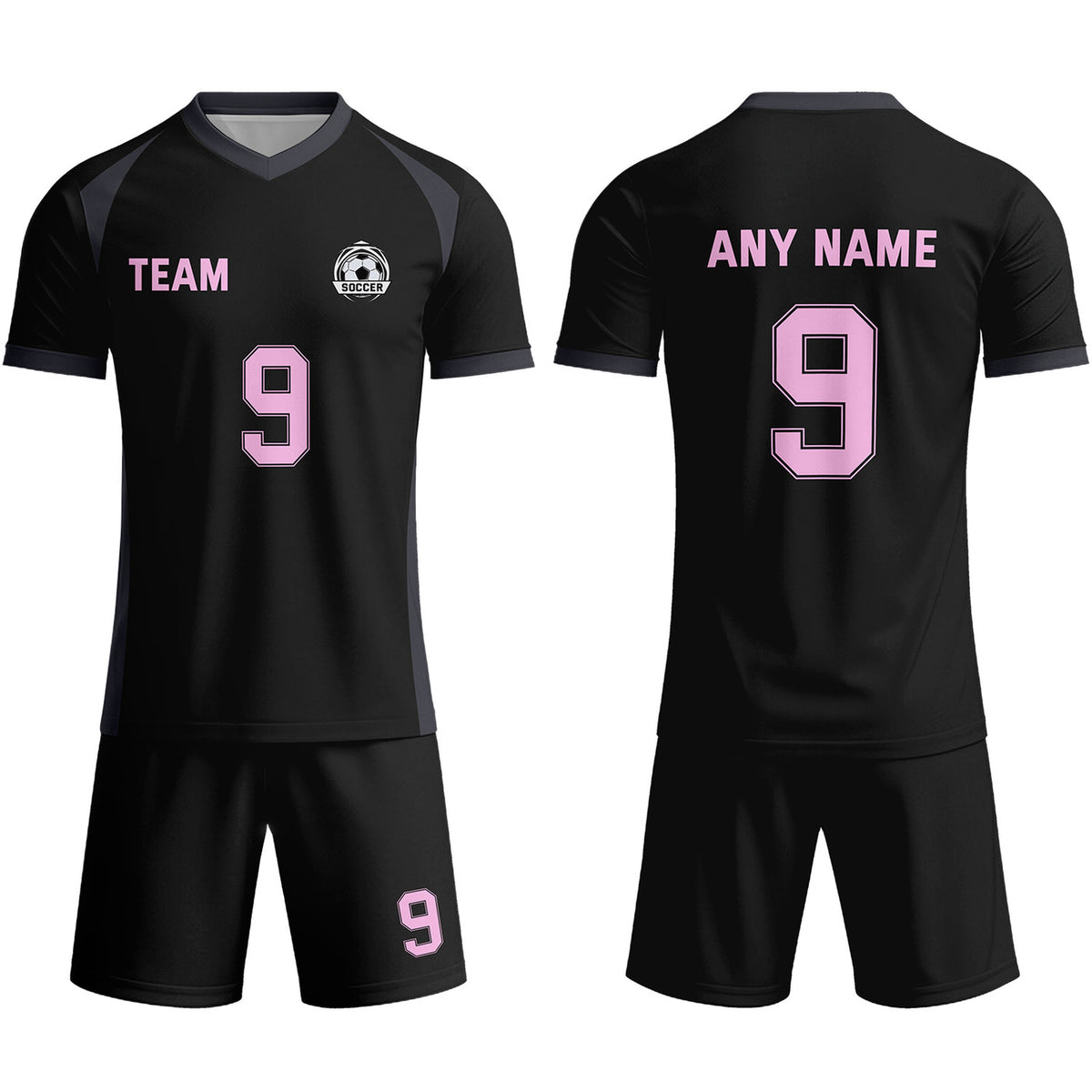 Custom Black &amp; Pink Soccer Jersey Shorts Set - Personalized Team Name &amp; Number | Vosoli