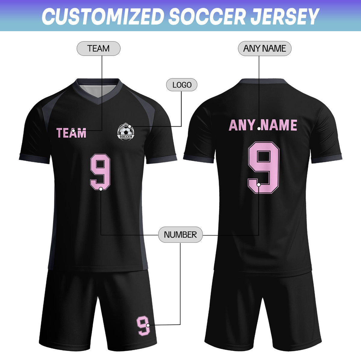 Custom Black & Pink Soccer Jersey Shorts Set - Personalized Team Name & Number | Vosoli