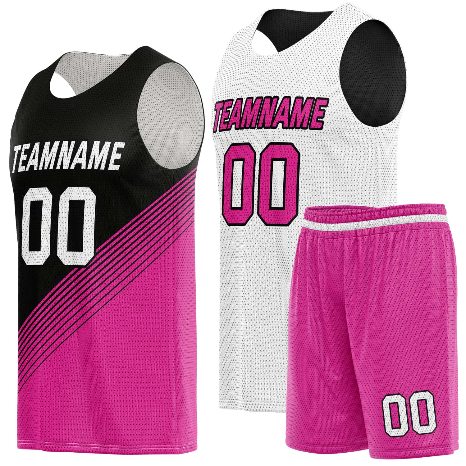 Custom Reversible Basketball Jersey & Shorts Set for Individuals & Teams – Black Pink White Diagonal Stripe | Vosoli