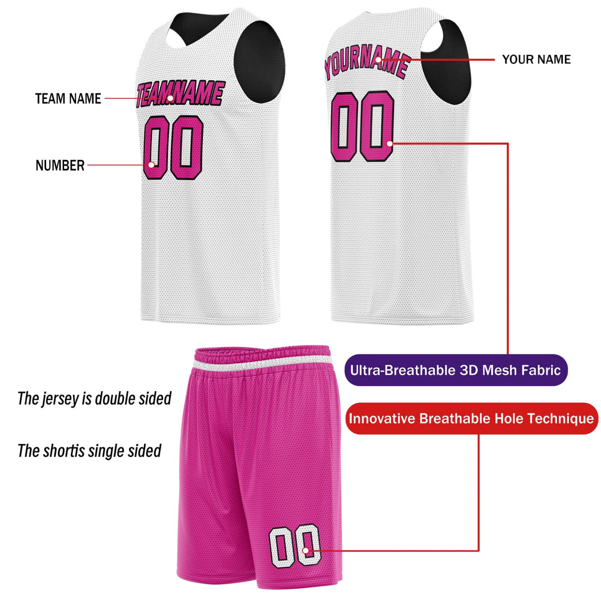 Custom Reversible Basketball Jersey & Shorts Set for Individuals & Teams – Black Pink White Diagonal Stripe | Vosoli