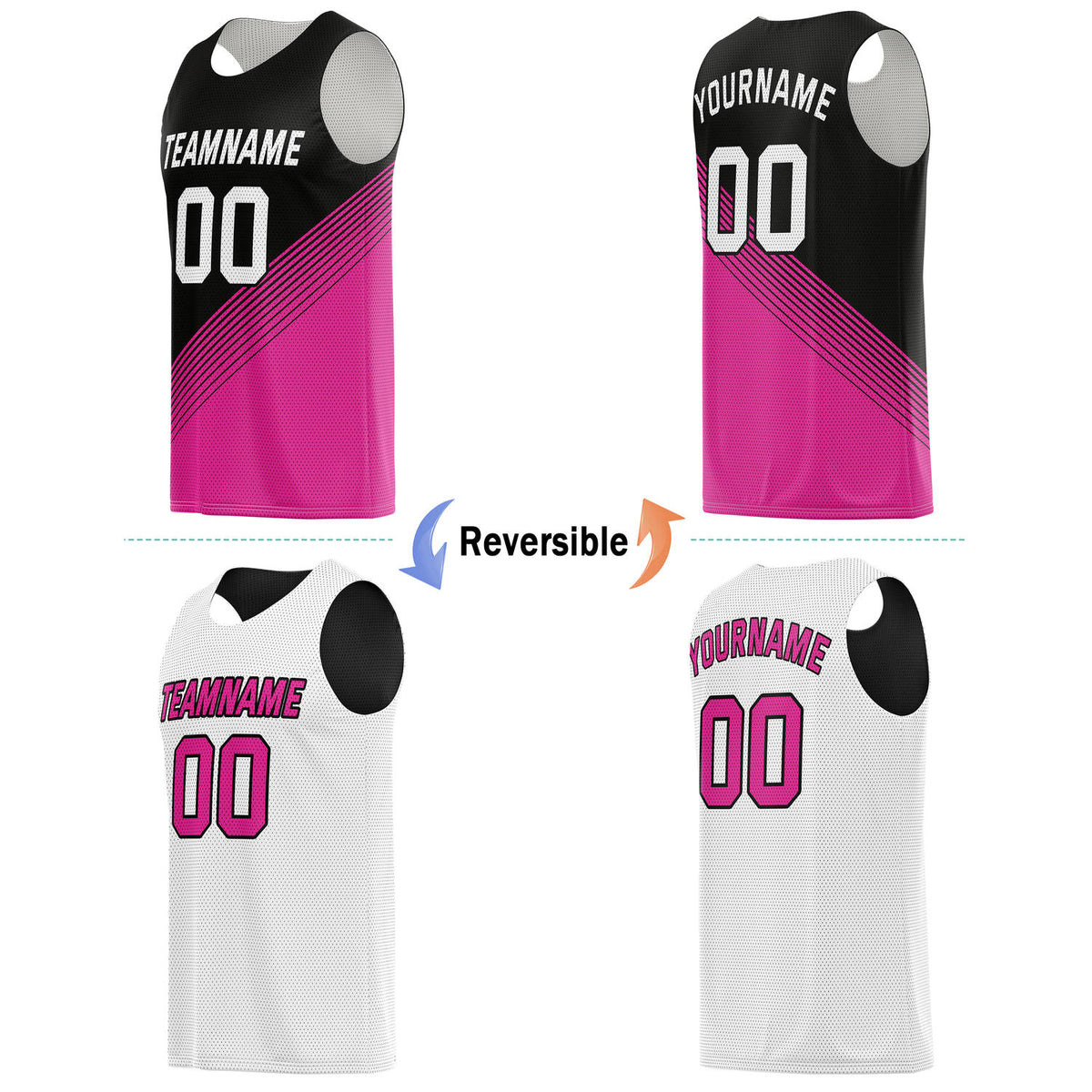 Custom Reversible Basketball Jersey & Shorts Set for Individuals & Teams – Black Pink White Diagonal Stripe | Vosoli