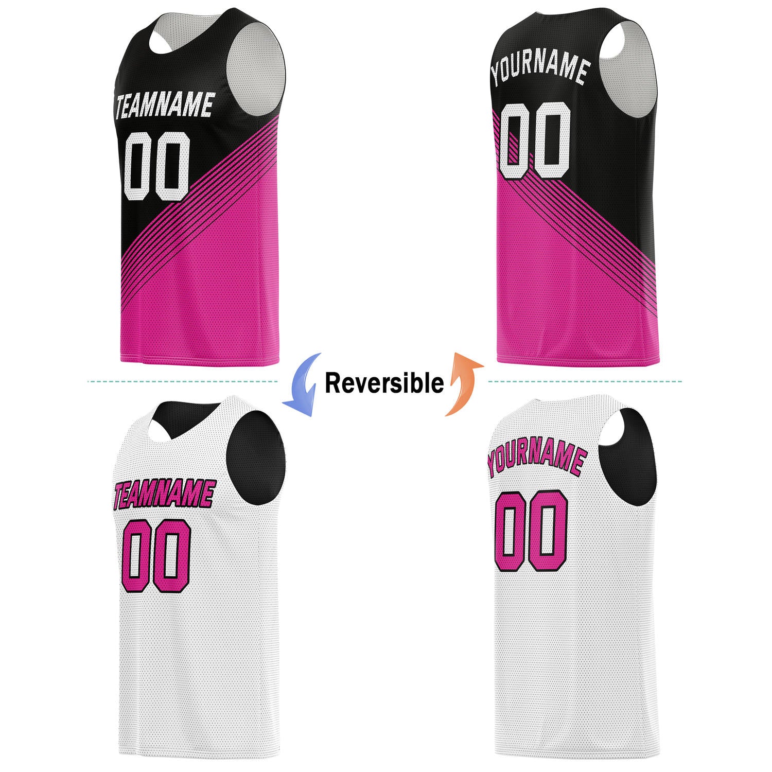 Custom Reversible Basketball Jersey & Shorts Set for Individuals & Teams – Black Pink White Diagonal Stripe | Vosoli