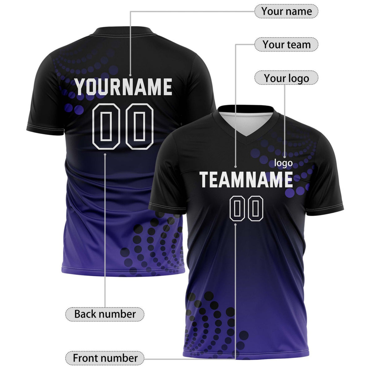 Custom Black & Purple Dot Pattern Ombre Soccer Jersey for Teams & Individuals | Vosoli