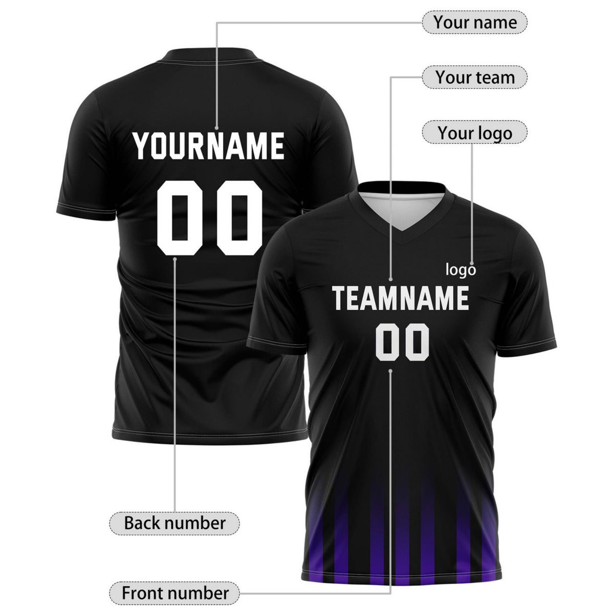 Custom Black & Purple Gradient Stripe Soccer Jersey for Teams & Individuals | Vosoli