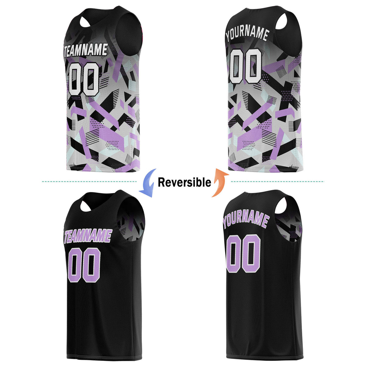 Custom Reversible Basketball Jersey for Individuals & Teams – Black Purple Grey Abstract Geo | Vosoli