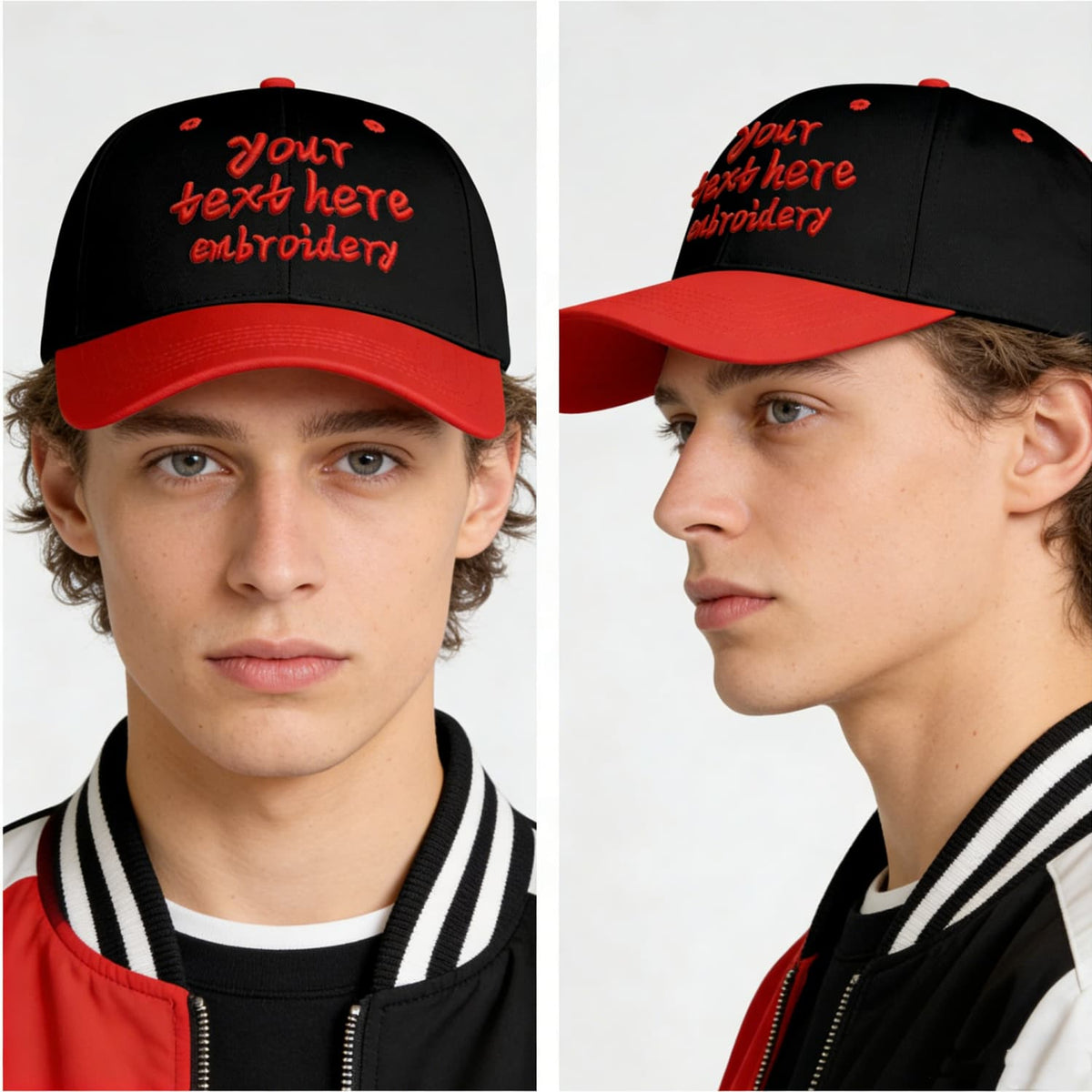 Vosoli Black & Red Color-Block Deep Bill Baseball Cap - Unisex Custom 3D Embroidery or Print Hat