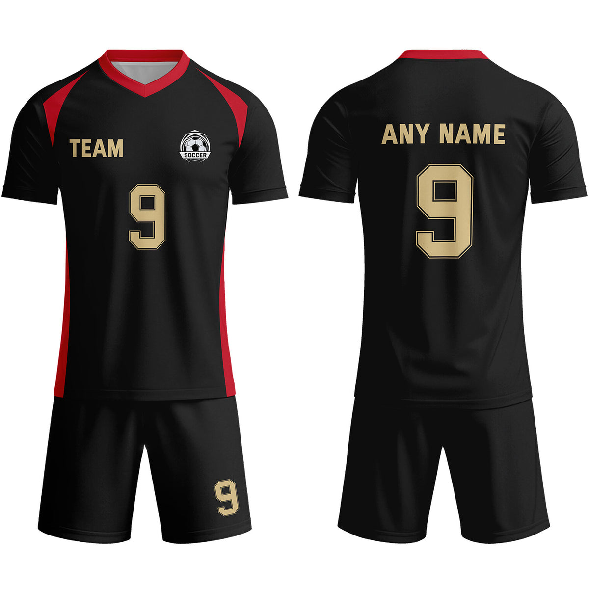 Custom Black &amp; Red-Gold Soccer Uniform Set - Personalized Team Name &amp; Number | Vosoli