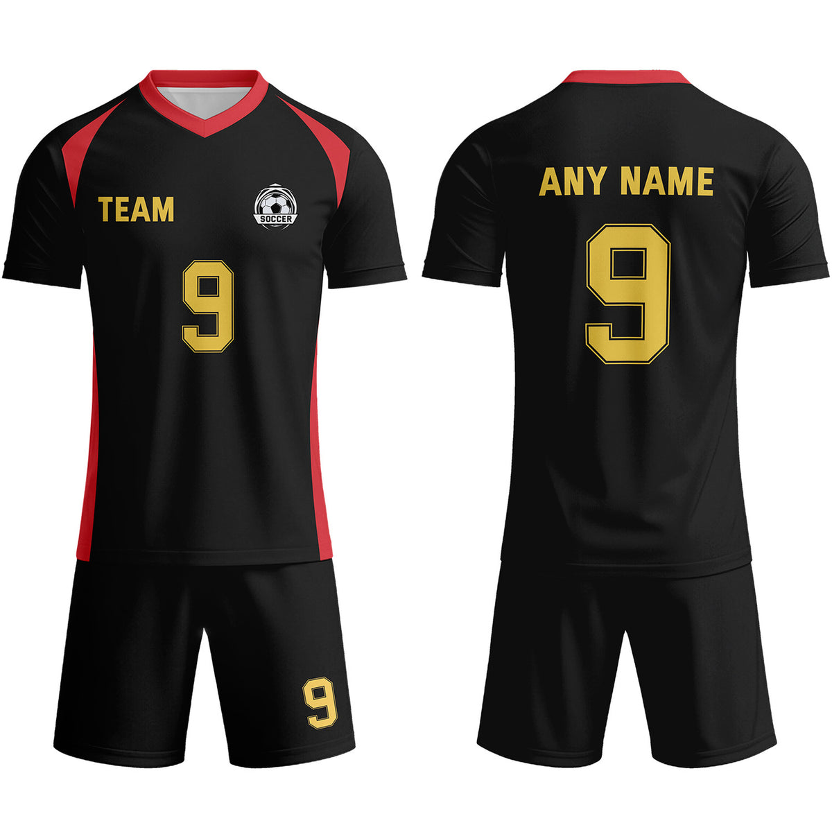 Custom Black &amp; Red-Gold Soccer Uniform Set - Personalized Team Name &amp; Number | Vosoli