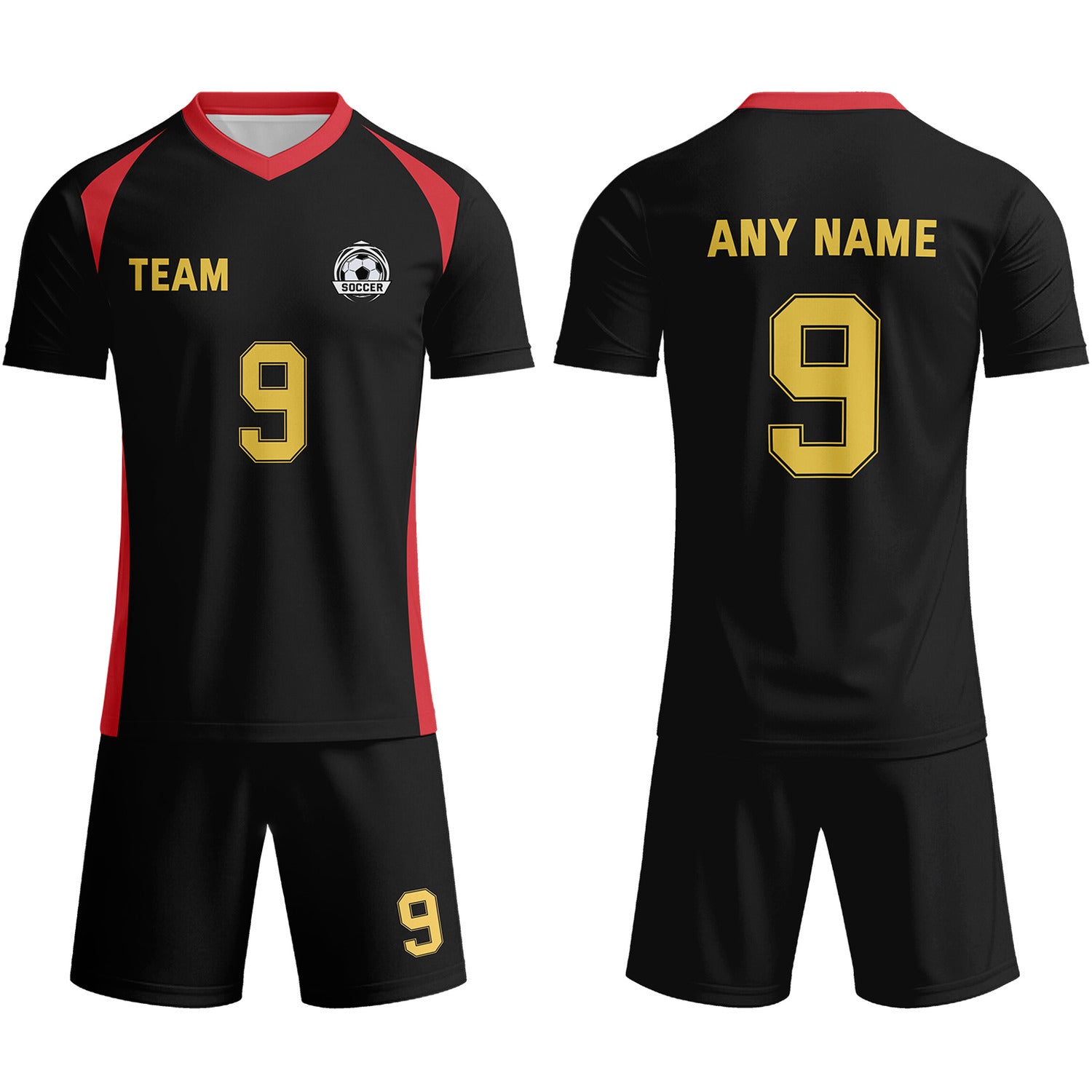 Custom Black & Red-Gold Soccer Uniform Set - Personalized Team Name & Number | Vosoli
