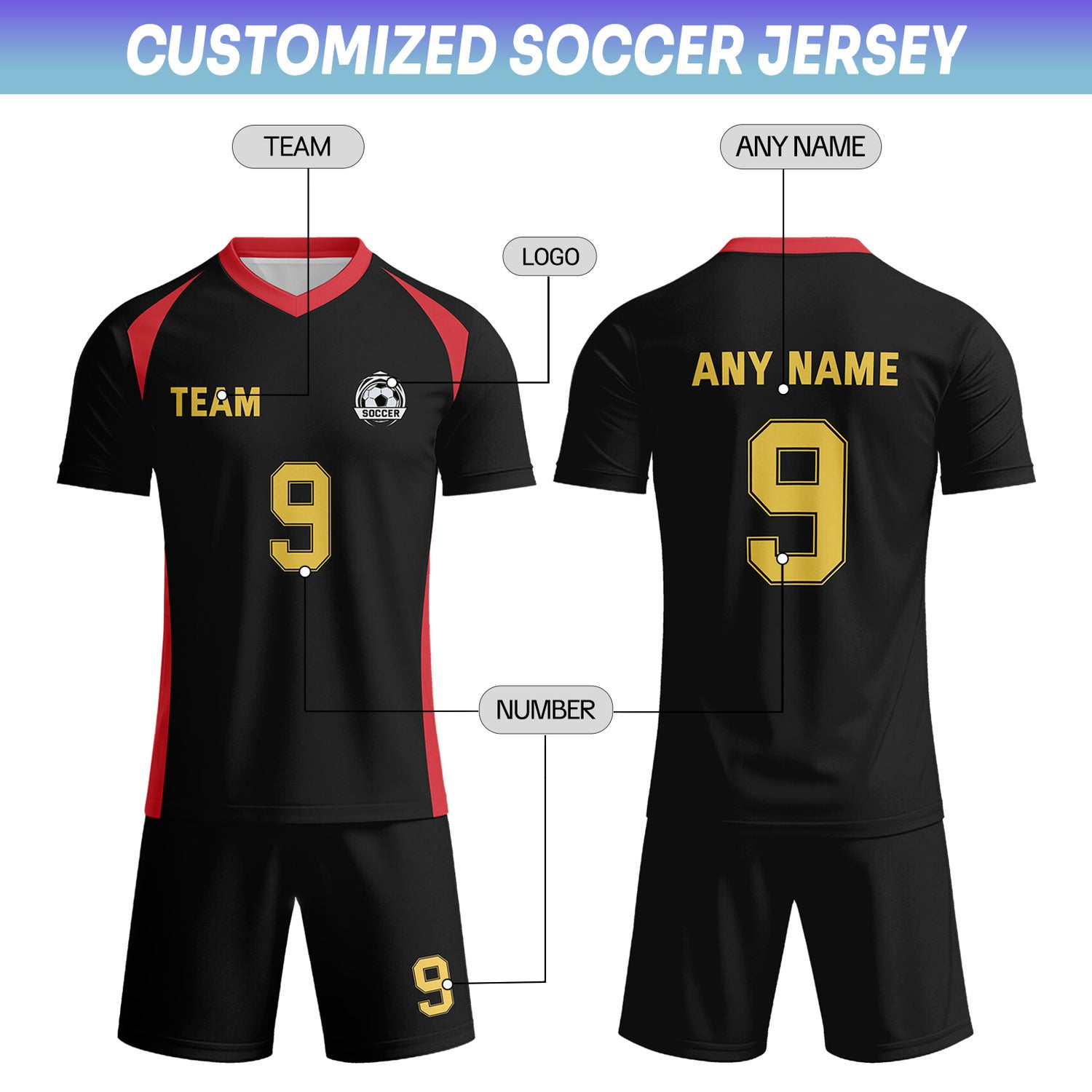 Custom Black & Red-Gold Soccer Uniform Set - Personalized Team Name & Number | Vosoli