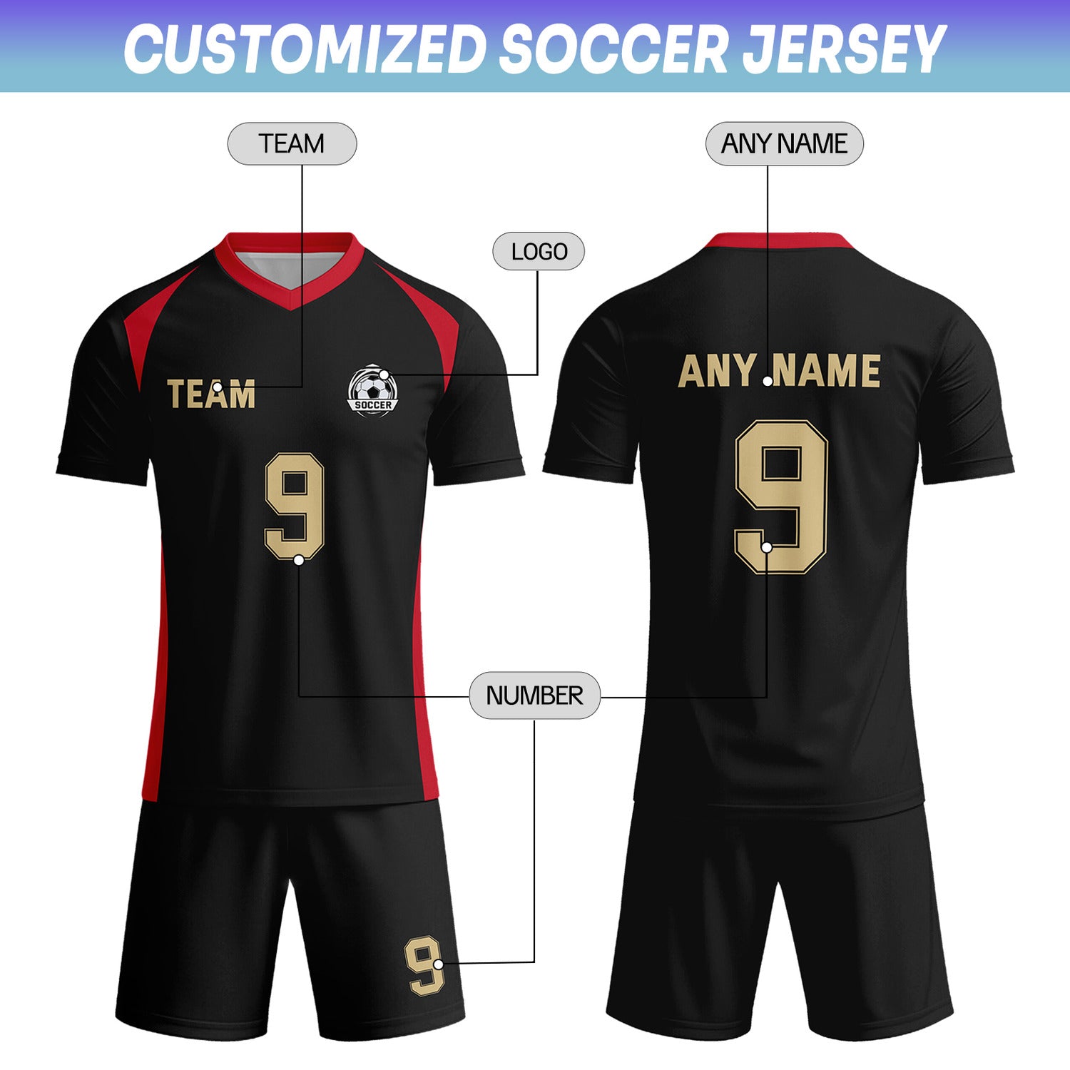 Custom Black & Red-Gold Soccer Uniform Set - Personalized Team Name & Number | Vosoli