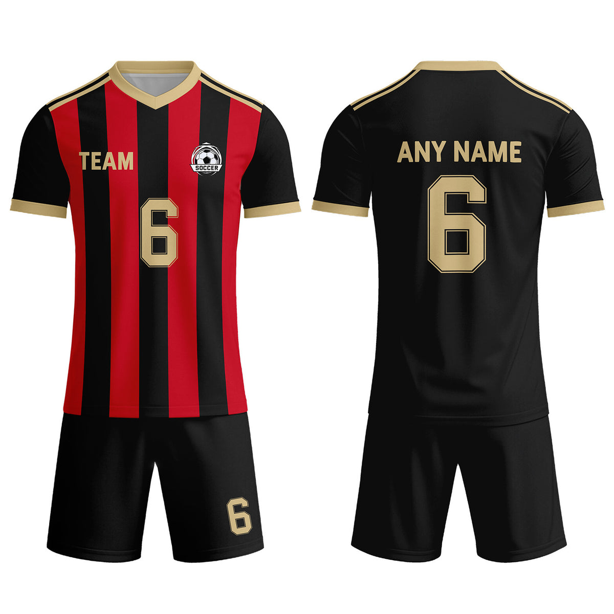 Custom Black &amp; Red-Gold Striped Soccer Uniform Set for Teams &amp; Individuals | Vosoli