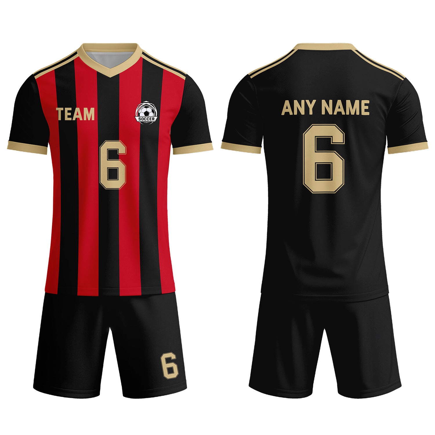Custom Black & Red-Gold Striped Soccer Uniform Set for Teams & Individuals | Vosoli