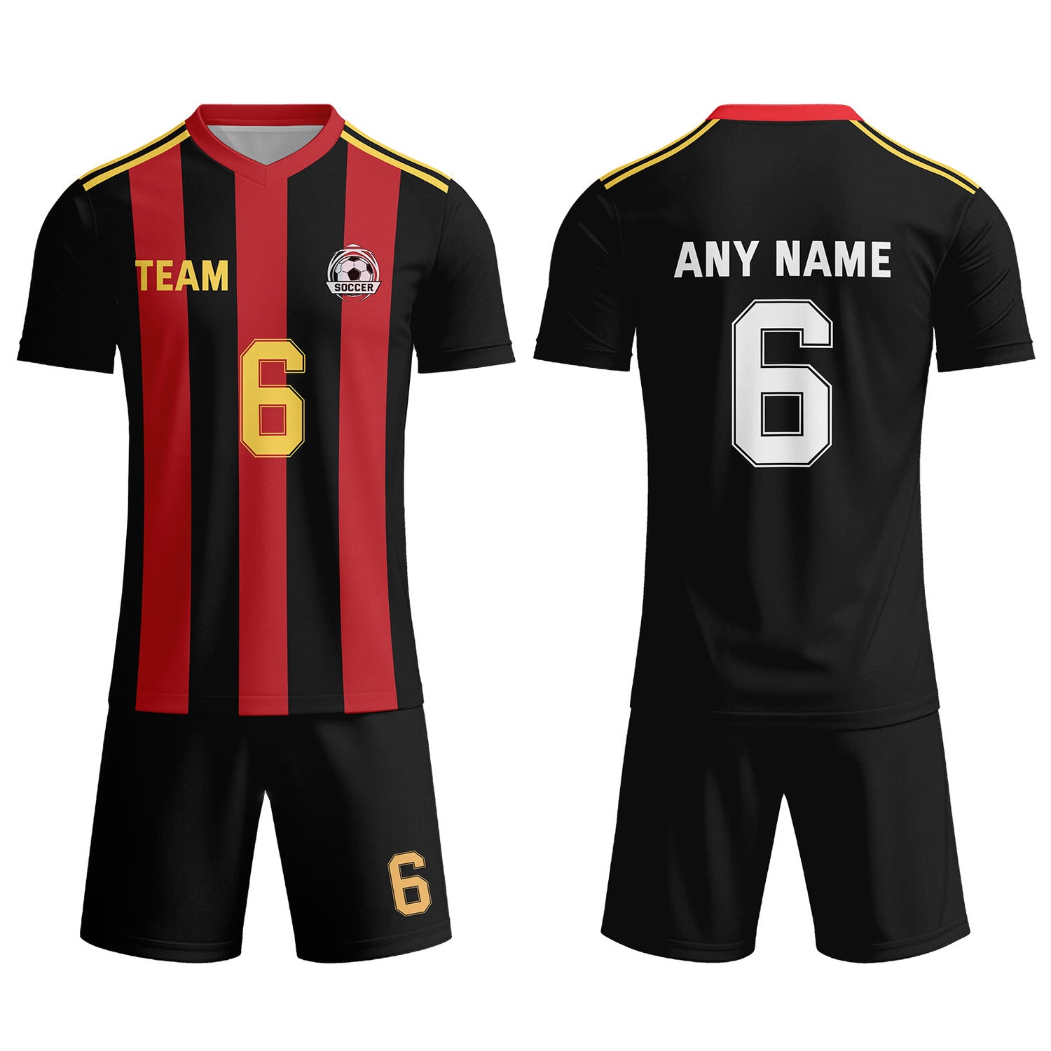 Custom Black & Red-Gold Striped Soccer Uniform Set for Teams & Individuals | Vosoli