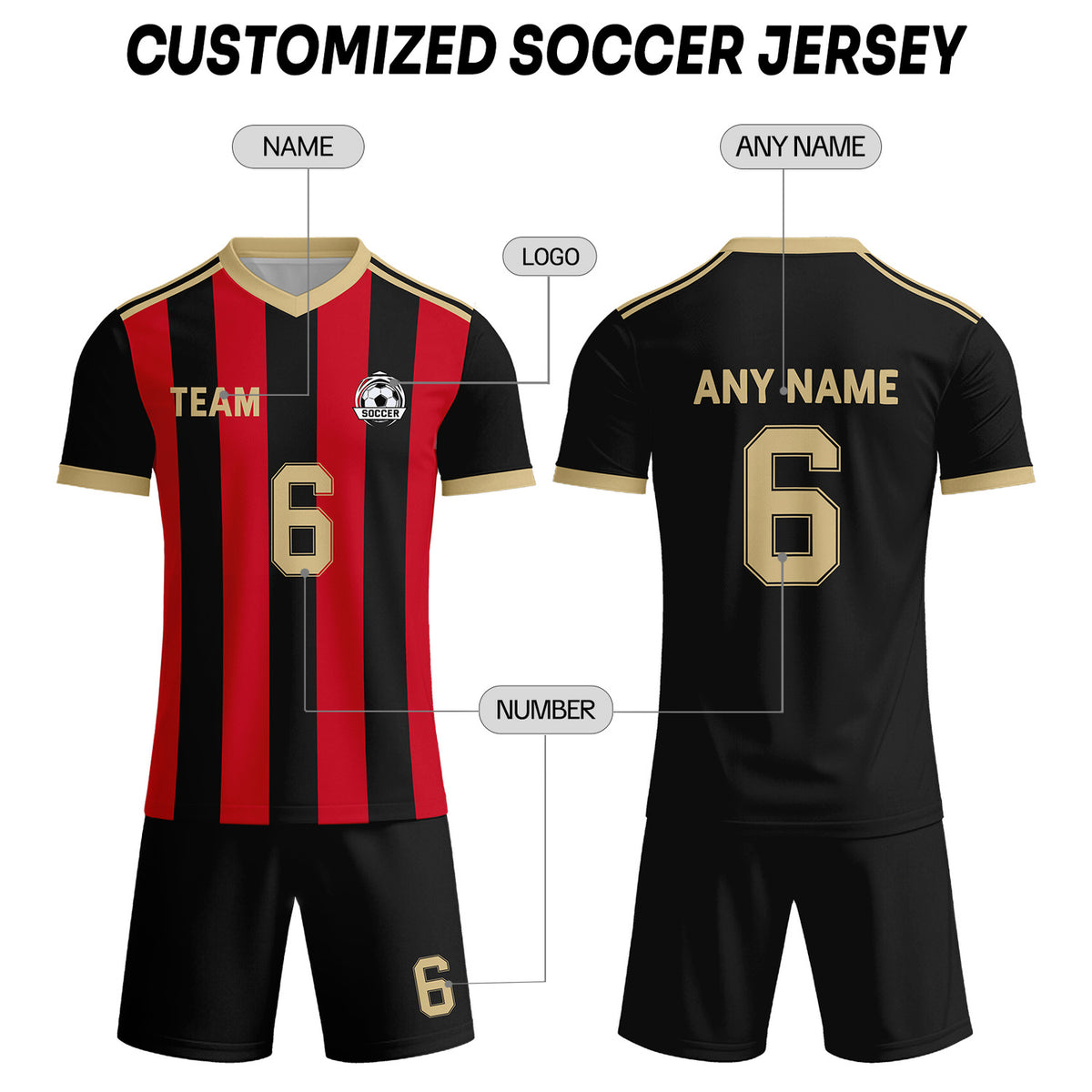 Custom Black & Red-Gold Striped Soccer Uniform Set for Teams & Individuals | Vosoli