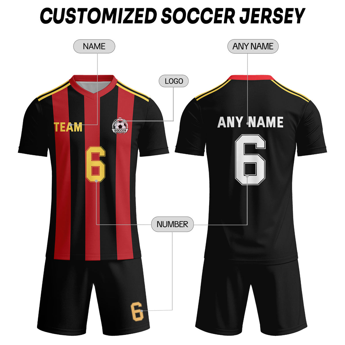 Custom Black & Red-Gold Striped Soccer Uniform Set for Teams & Individuals | Vosoli