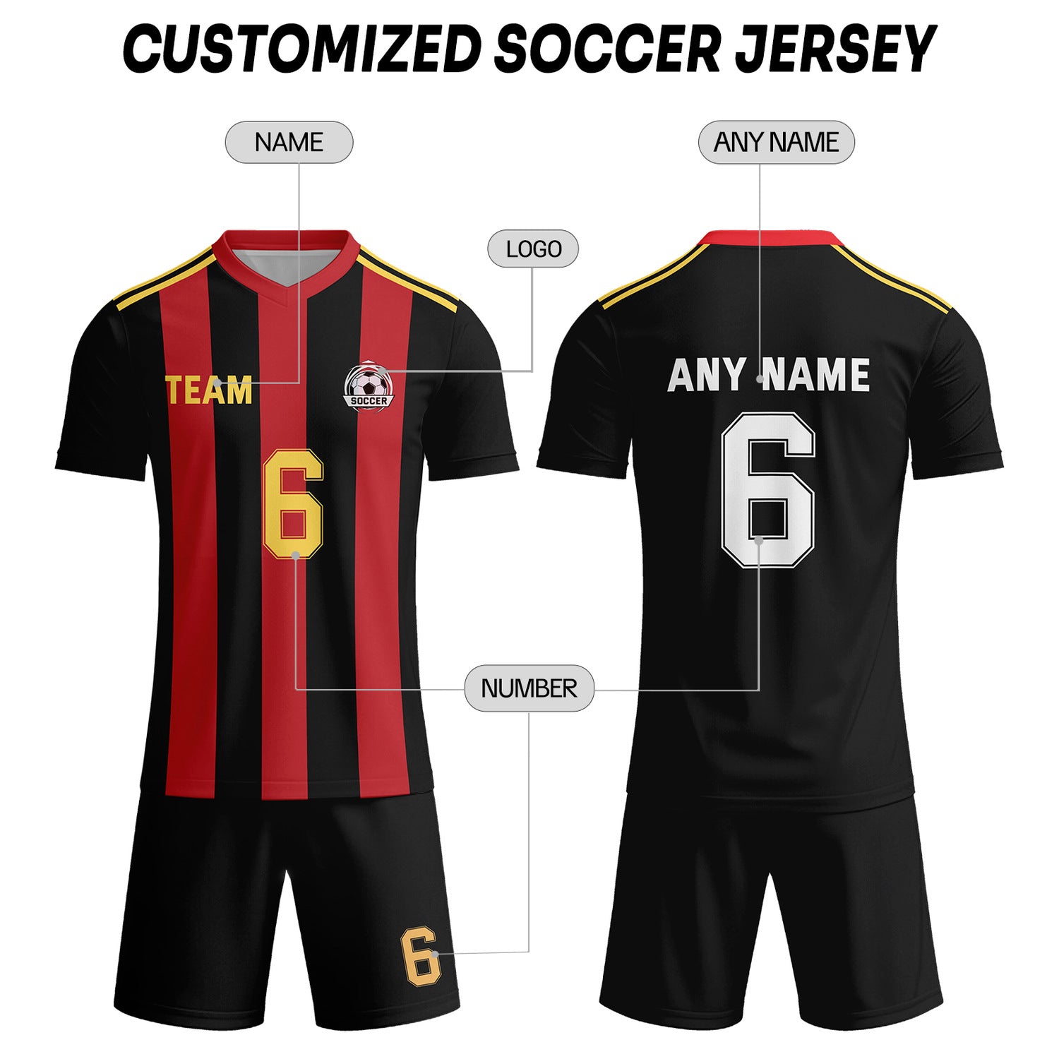 Custom Black & Red-Gold Striped Soccer Uniform Set for Teams & Individuals | Vosoli