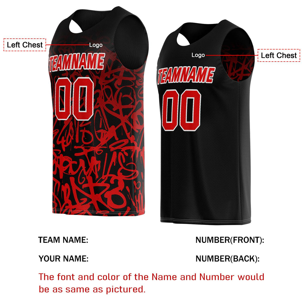 Custom Reversible Basketball Jersey for Individuals & Teams – Black & Red Graffiti | Vosoli