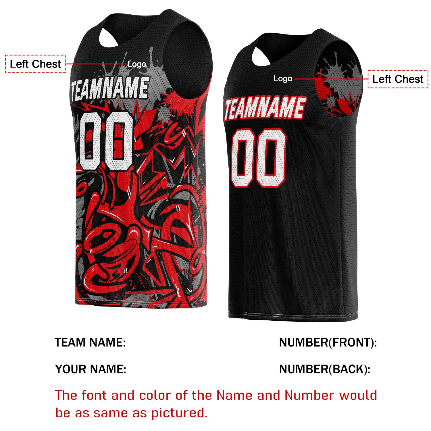 Custom Reversible Basketball Jersey for Individuals & Teams – Black Red Graffiti | Vosoli