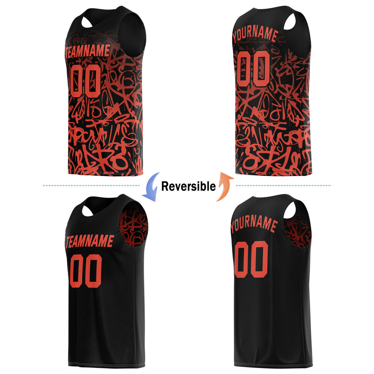 Custom Reversible Basketball Jersey for Individuals & Teams – Black & Orange Graffiti | Vosoli