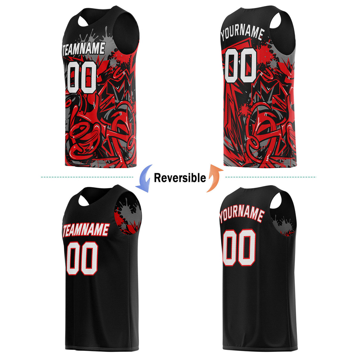 Custom Reversible Basketball Jersey for Individuals & Teams – Black Red Graffiti | Vosoli
