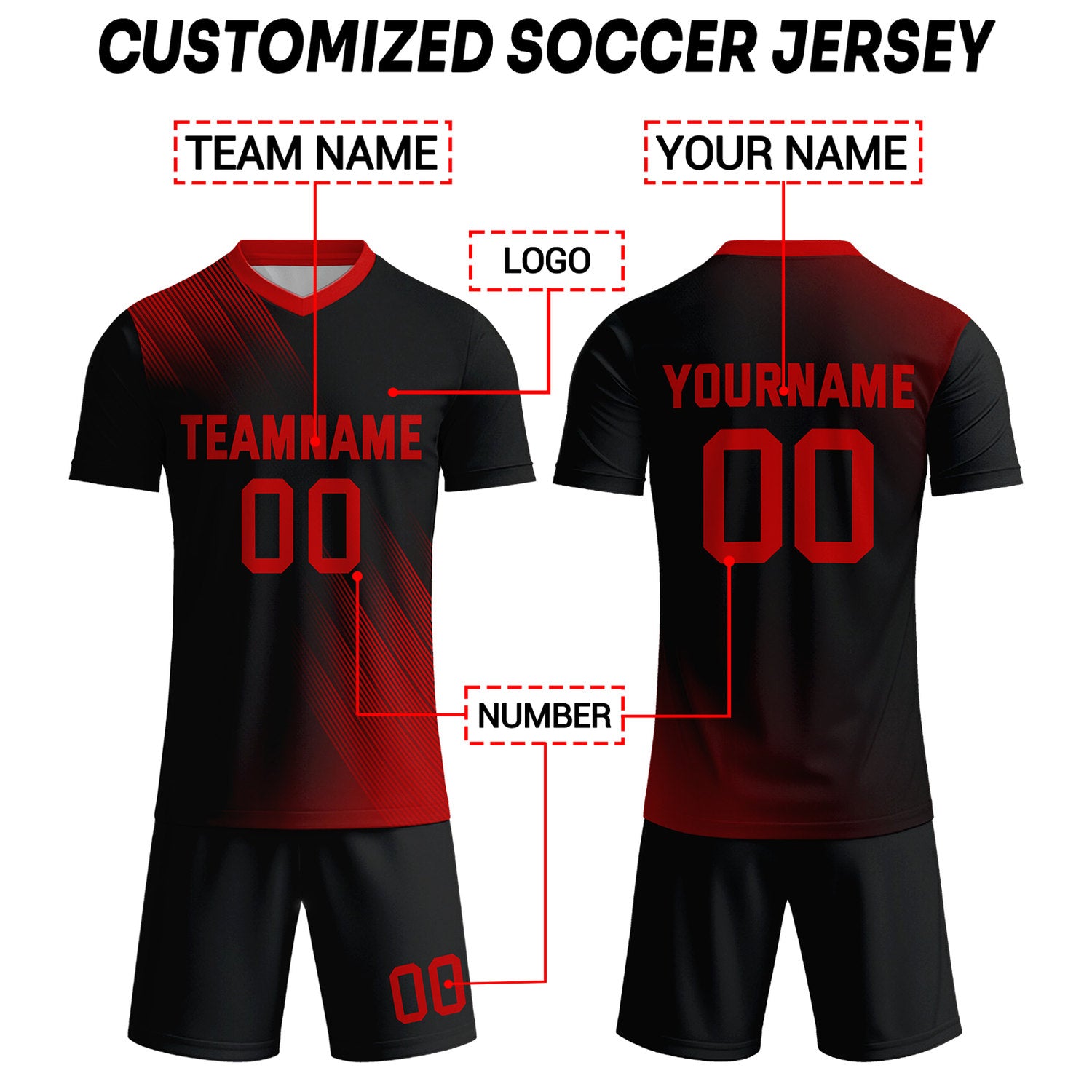 Custom Black & Red Stripe Soccer Uniform Set for Teams & Individuals | Vosoli