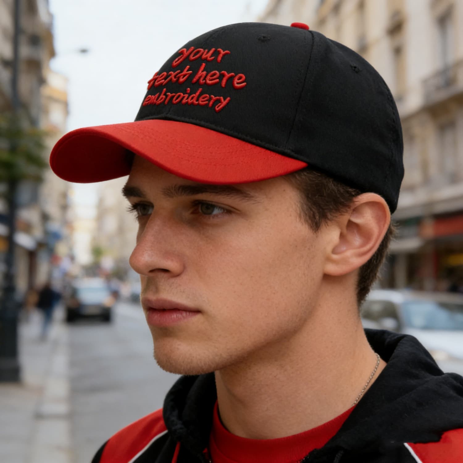 Vosoli Black Red Two-Tone Baseball Cap - Unisex Custom 3D Embroidery or Print