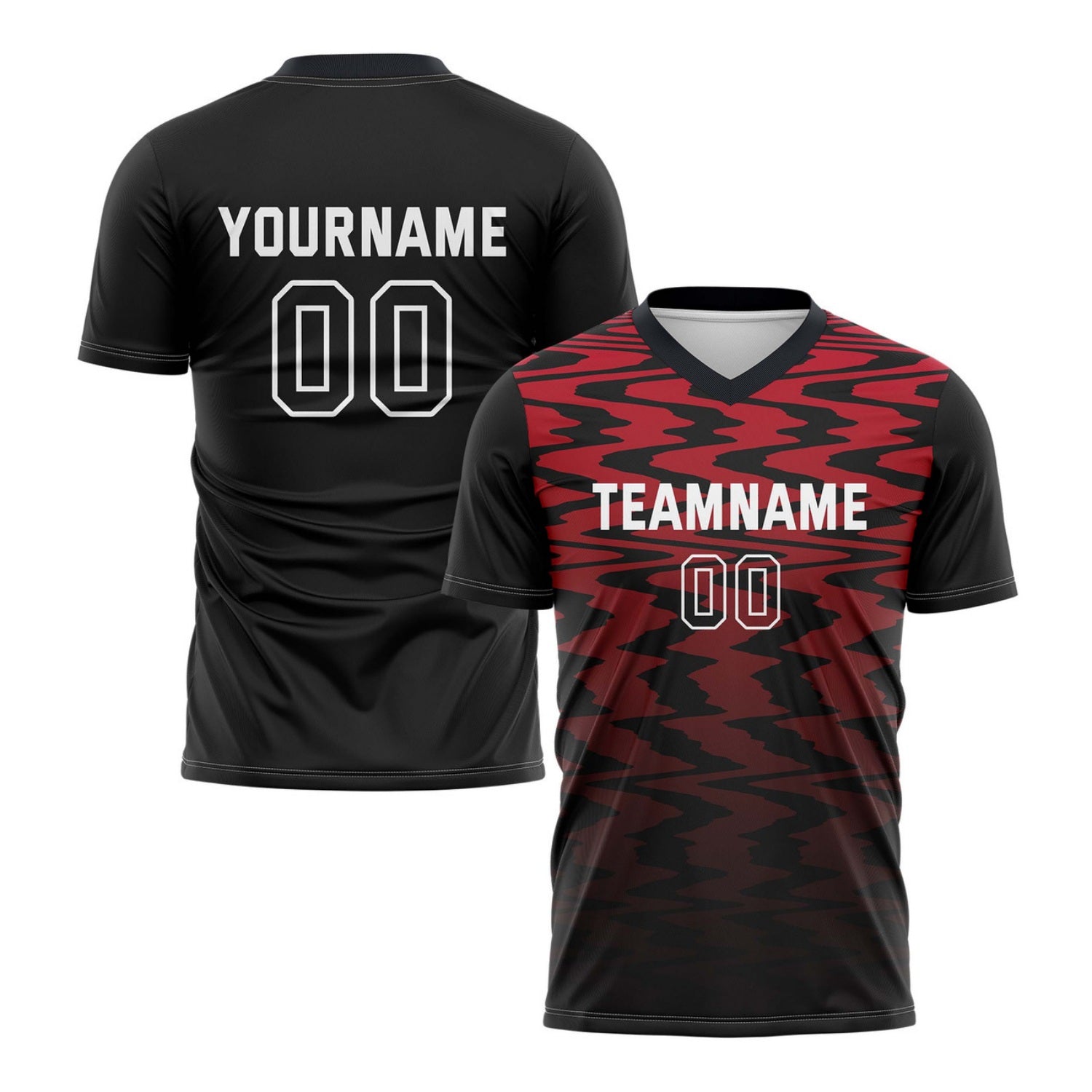 Custom Black & Red Wave Pattern Soccer Jersey for Teams & Individuals | Vosoli