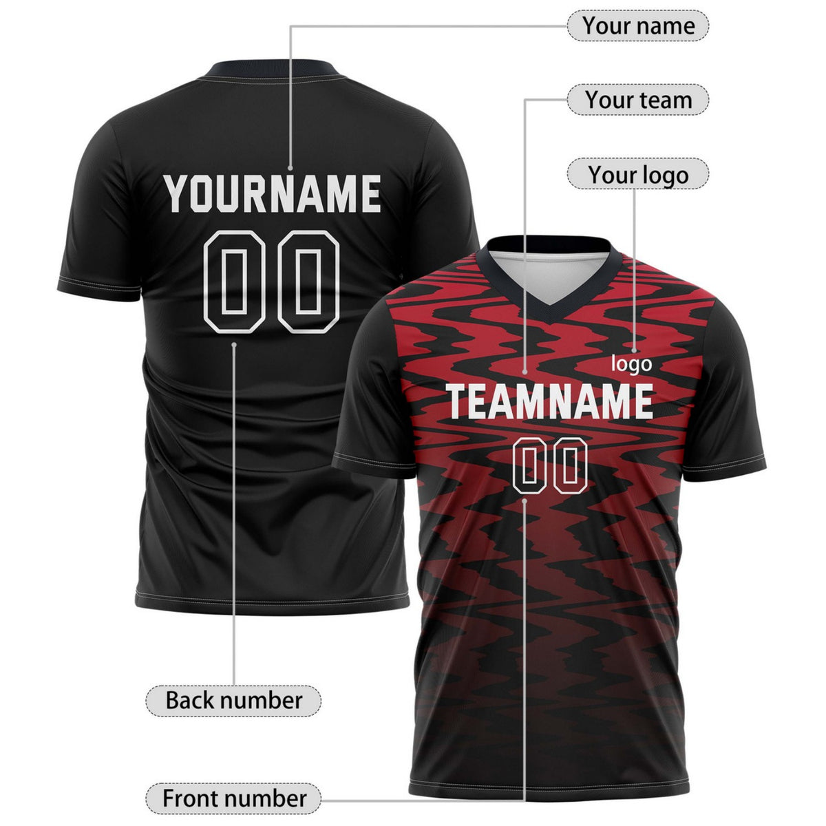 Custom Black & Red Wave Pattern Soccer Jersey for Teams & Individuals | Vosoli