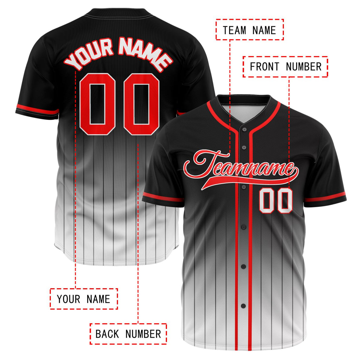 VOSOLI Elite Edge Black & Red Gradient Pinstripe Baseball Jersey