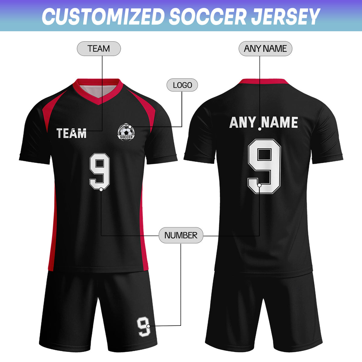 Custom Black & Red-White Soccer Uniform Set - Personalized Team Name & Number | Vosoli